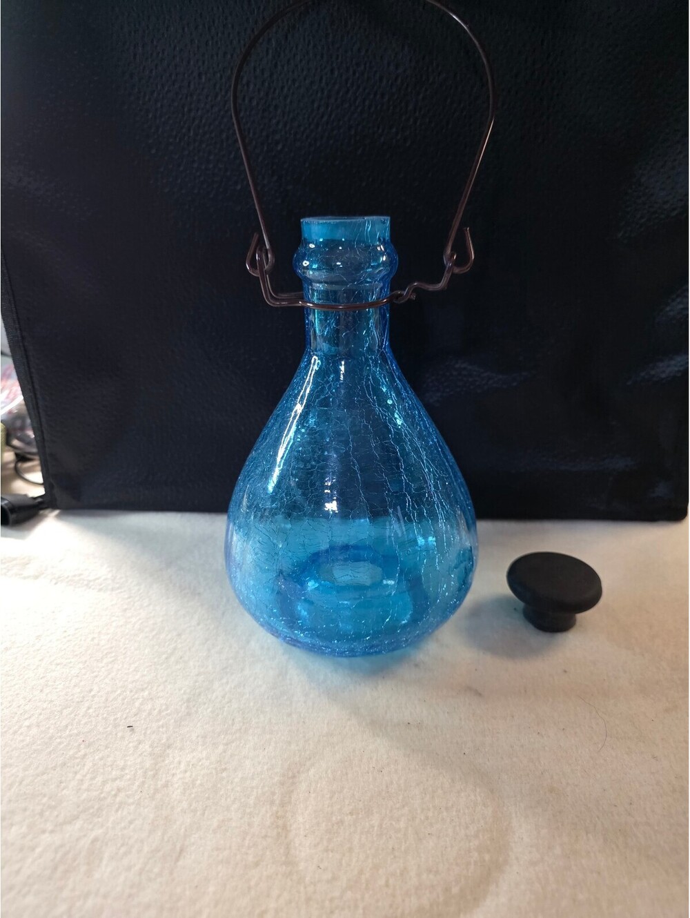 Blue Crackle Glass Hanging Wasp Hornet Fly Trap With Stopper and Wire Handle